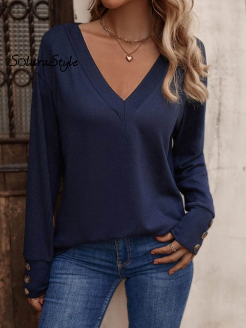 Women’s Solid Color Elegant Stylish V-Neck Loose Long-Sleeved Button-Down Top Navyblue / S