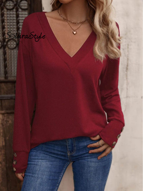Women’s Solid Color Elegant Stylish V-Neck Loose Long-Sleeved Button-Down Top Red / S