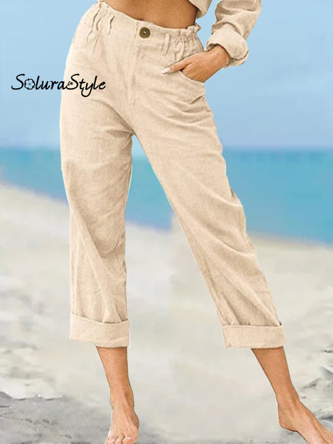 Women’s Solid Color Fashion Loose High Waist Casual Cotton Linen Trousers Beige / S