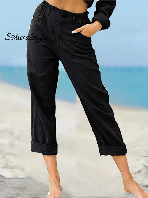 Women’s Solid Color Fashion Loose High Waist Casual Cotton Linen Trousers Black / S