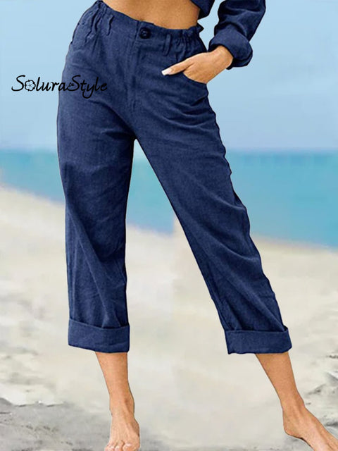 Women’s Solid Color Fashion Loose High Waist Casual Cotton Linen Trousers Dark Blue / S