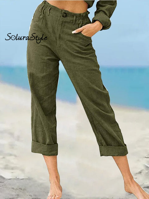 Women’s Solid Color Fashion Loose High Waist Casual Cotton Linen Trousers Dark Green / S