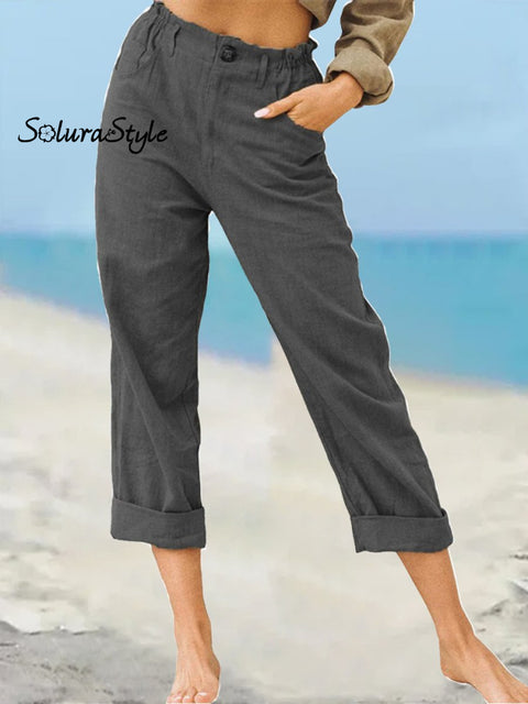 Women’s Solid Color Fashion Loose High Waist Casual Cotton Linen Trousers Dark Grey / S