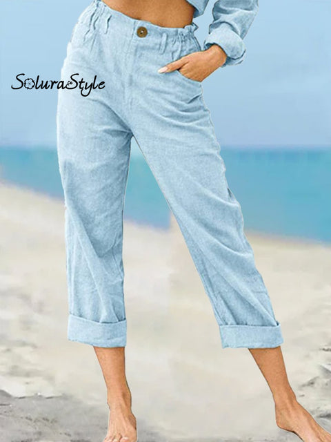 Women’s Solid Color Fashion Loose High Waist Casual Cotton Linen Trousers Light Blue / S