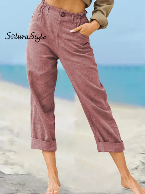 Women’s Solid Color Fashion Loose High Waist Casual Cotton Linen Trousers Pink / S