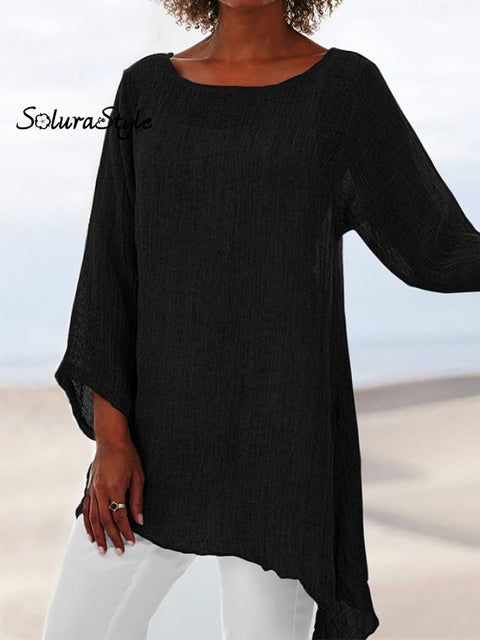 Women’s Solid Color Irregular Hem Round Neck Long Sleeve Top Black / S