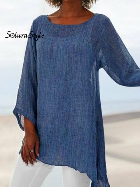 Women’s Solid Color Irregular Hem Round Neck Long Sleeve Top Blue / S
