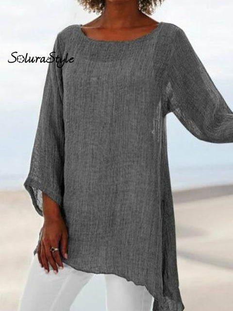 Women’s Solid Color Irregular Hem Round Neck Long Sleeve Top Grey / S