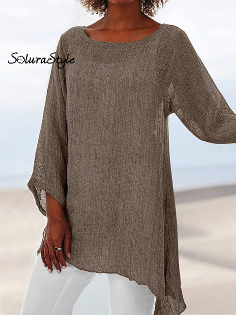 Women’s Solid Color Irregular Hem Round Neck Long Sleeve Top Khaki / S