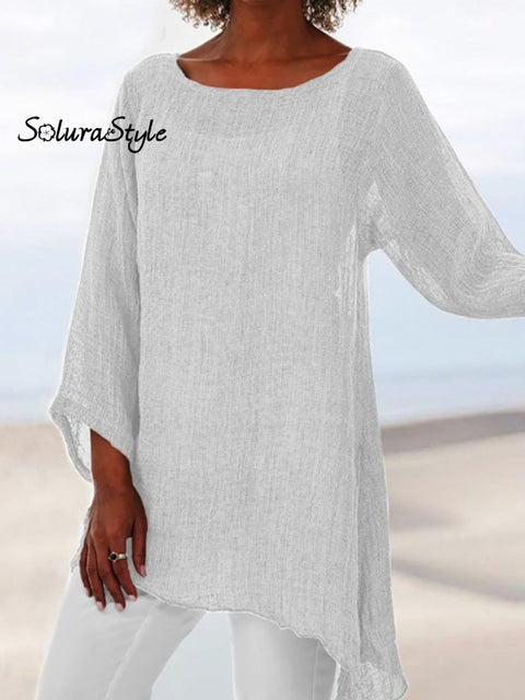 Women’s Solid Color Irregular Hem Round Neck Long Sleeve Top White / S