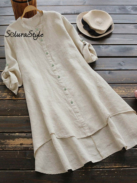 Women’s Solid Color Loose Elegant Casual Cotton And Linen Shirt Dress Apricot / S