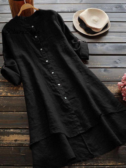 Women’s Solid Color Loose Elegant Casual Cotton And Linen Shirt Dress Black / S