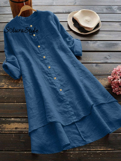 Women’s Solid Color Loose Elegant Casual Cotton And Linen Shirt Dress Blue / S