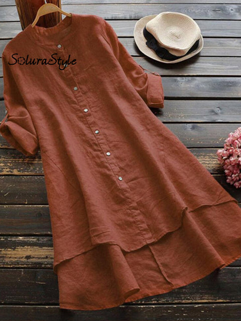 Women’s Solid Color Loose Elegant Casual Cotton And Linen Shirt Dress Dark Orange / S
