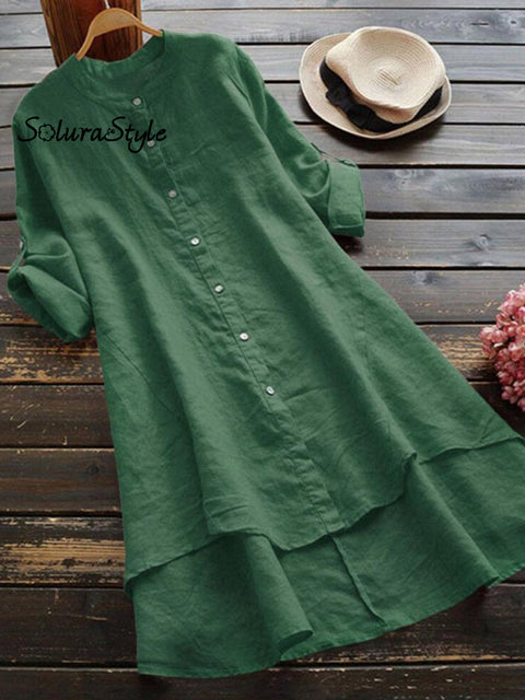 Women’s Solid Color Loose Elegant Casual Cotton And Linen Shirt Dress Green / S