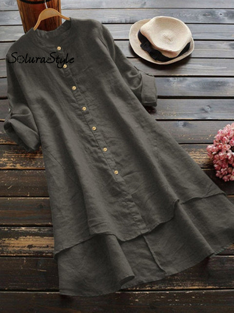 Women’s Solid Color Loose Elegant Casual Cotton And Linen Shirt Dress Grey / S