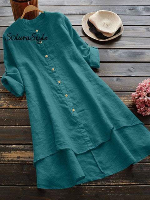 Women’s Solid Color Loose Elegant Casual Cotton And Linen Shirt Dress Light Blue / S