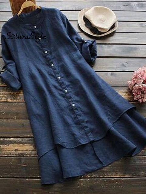 Women’s Solid Color Loose Elegant Casual Cotton And Linen Shirt Dress Navy / S