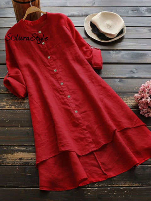 Women’s Solid Color Loose Elegant Casual Cotton And Linen Shirt Dress Red / S