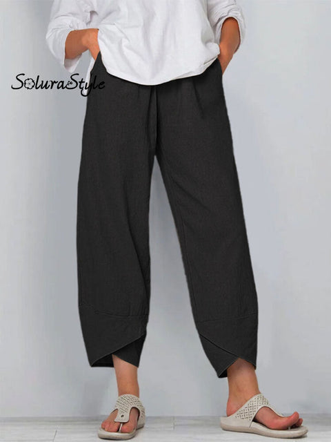 Women’s Solid Color Loose Elegant Casual Simple Cotton And Linen Ninth Pants Black / S