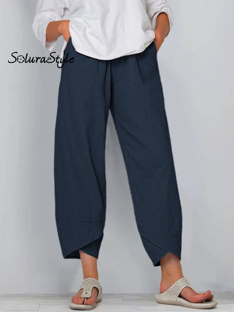 Women’s Solid Color Loose Elegant Casual Simple Cotton And Linen Ninth Pants Dark Blue / S