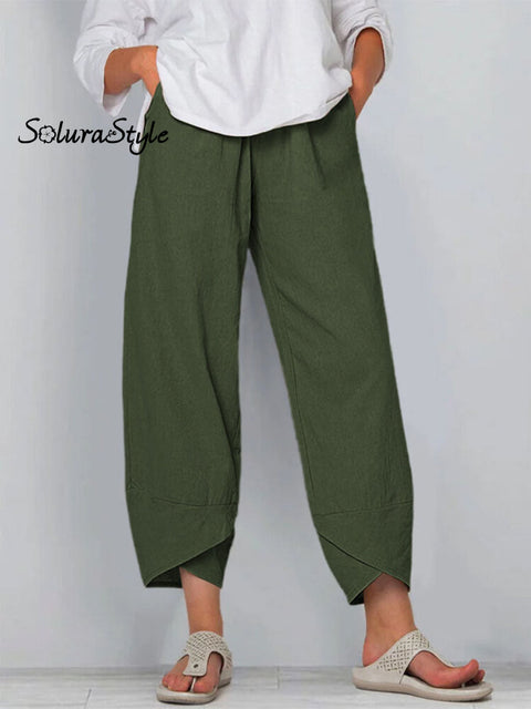 Women’s Solid Color Loose Elegant Casual Simple Cotton And Linen Ninth Pants Dark Green / S