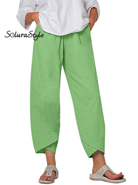 Women’s Solid Color Loose Elegant Casual Simple Cotton And Linen Ninth Pants Green / S