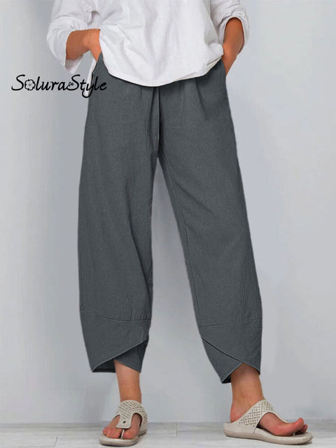 Women’s Solid Color Loose Elegant Casual Simple Cotton And Linen Ninth Pants Grey / S