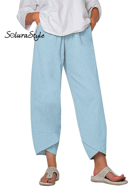 Women’s Solid Color Loose Elegant Casual Simple Cotton And Linen Ninth Pants Light Blue / S