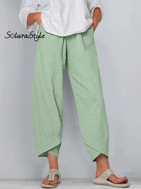 Women’s Solid Color Loose Elegant Casual Simple Cotton And Linen Ninth Pants Light Green / S
