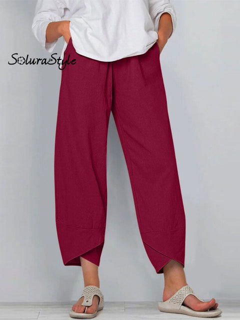 Women’s Solid Color Loose Elegant Casual Simple Cotton And Linen Ninth Pants Red / S