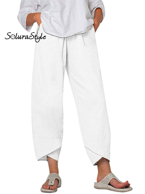Women’s Solid Color Loose Elegant Casual Simple Cotton And Linen Ninth Pants White / S