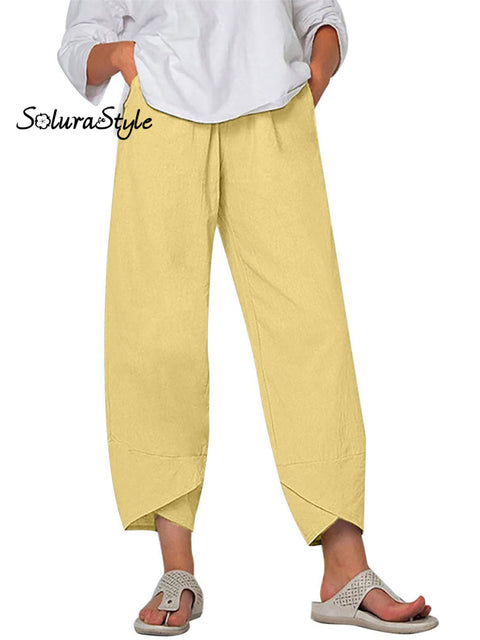 Women’s Solid Color Loose Elegant Casual Simple Cotton And Linen Ninth Pants Yellow / S