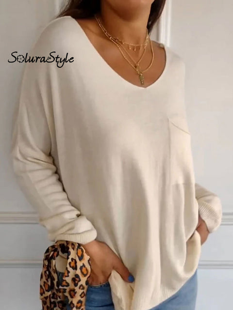 Women’s Solid Color Round Neck Pocket Long Sleeve T-Shirt Apricot / S
