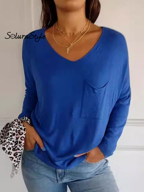 Women’s Solid Color Round Neck Pocket Long Sleeve T-Shirt Blue / S