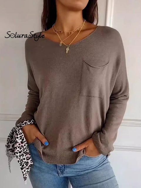 Women’s Solid Color Round Neck Pocket Long Sleeve T-Shirt Brown / S