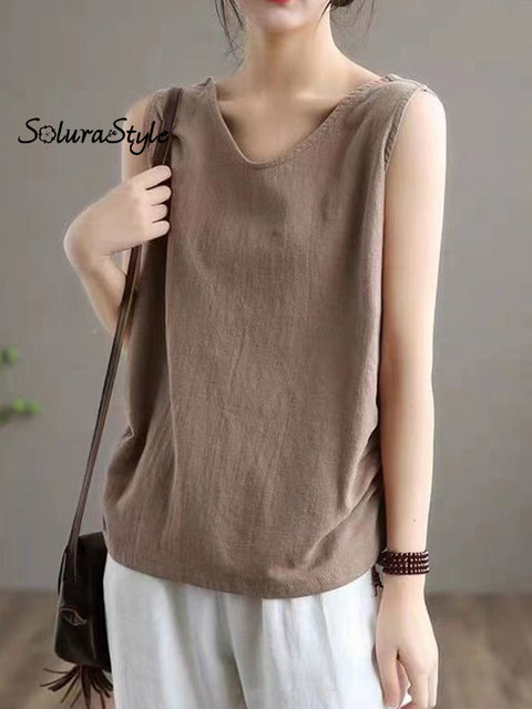 Women’s Solid Color Sleeveless Round Neck Vest Camel / M
