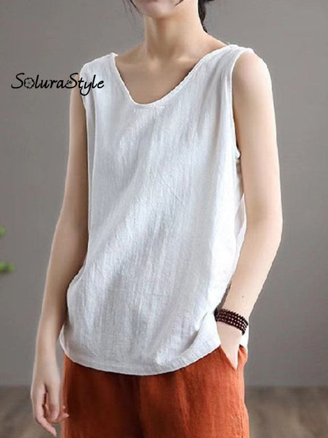 Women’s Solid Color Sleeveless Round Neck Vest White / M