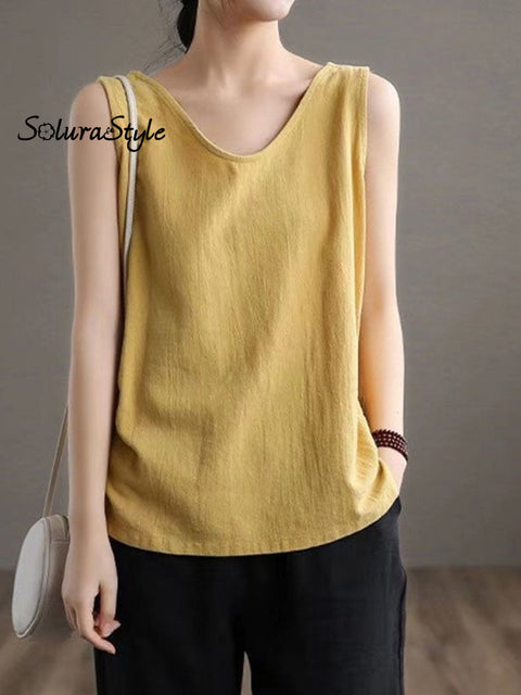 Women’s Solid Color Sleeveless Round Neck Vest Yellow / M