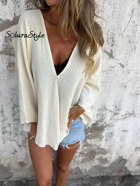 Women’s Solid Color V-Neck Fashion Loose Top Medium Long Sleeve Cardigan Beige / S