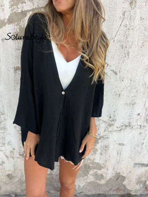 Women’s Solid Color V-Neck Fashion Loose Top Medium Long Sleeve Cardigan Black / S