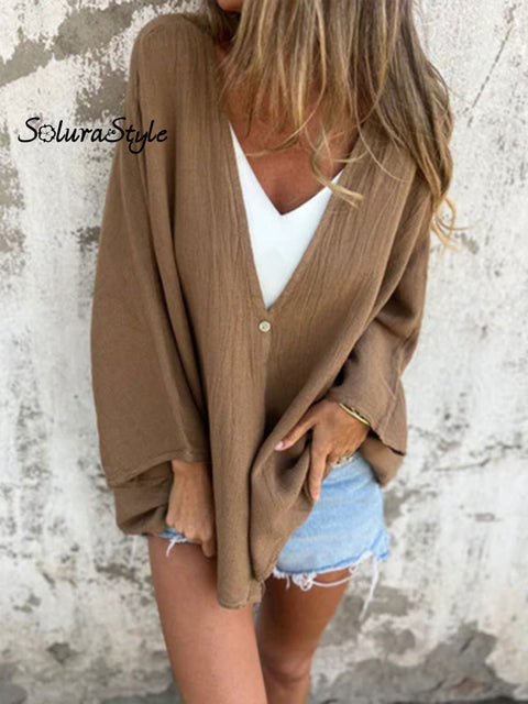 Women’s Solid Color V-Neck Fashion Loose Top Medium Long Sleeve Cardigan Brown / S