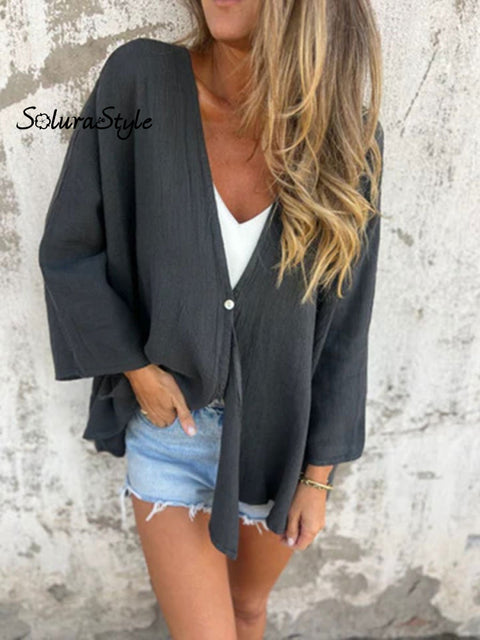Women’s Solid Color V-Neck Fashion Loose Top Medium Long Sleeve Cardigan Darkgray / S