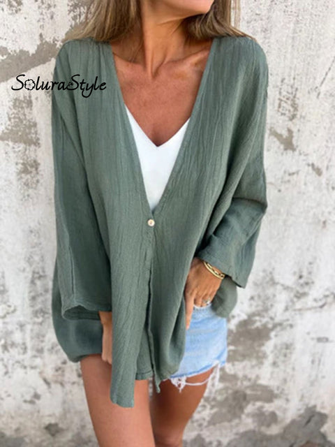 Women’s Solid Color V-Neck Fashion Loose Top Medium Long Sleeve Cardigan Green / S