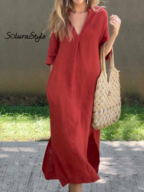 Women’s Solid Color V-Neck Linen Pocket Dress