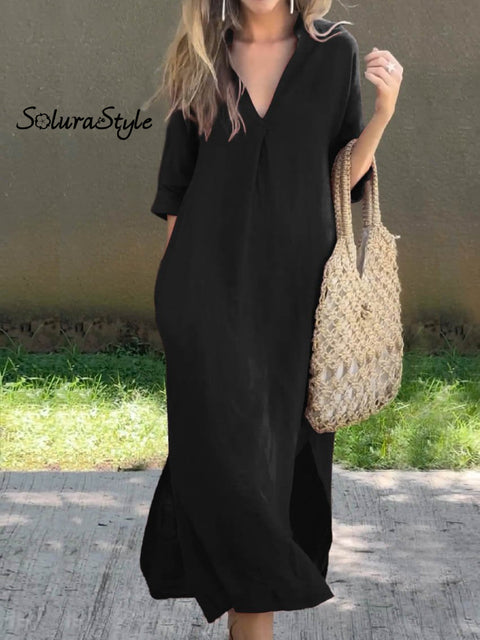 Women’s Solid Color V-Neck Linen Pocket Dress Black / S