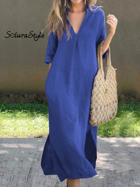 Women’s Solid Color V-Neck Linen Pocket Dress Blue / S