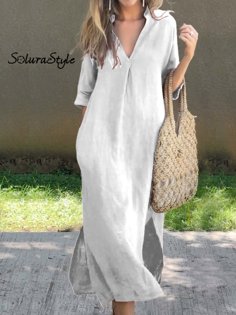 Women’s Solid Color V-Neck Linen Pocket Dress White / S