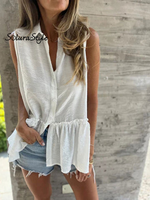 Women’s Solid Lapel Button Pleated Ruffle Sleeveless Resort Shirt