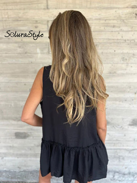 Women’s Solid Lapel Button Pleated Ruffle Sleeveless Resort Shirt